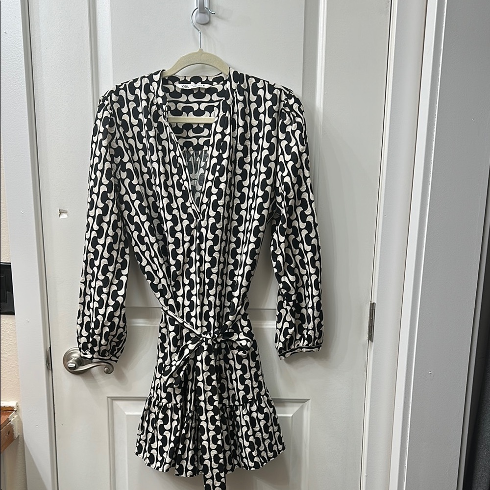 Zara Black and White Wrap Dress with Bishop Sleeves